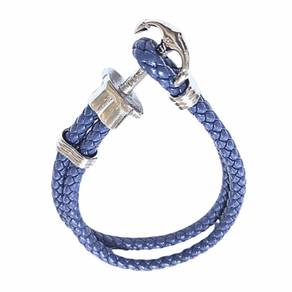 AZUL ANCLA PLATEADA   |    Pulsera trenzada, con broche - Talla: Mediana   |   Acero inoxidable y piel
