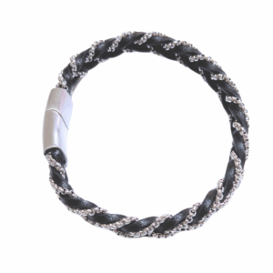 ABANDA NEGRA Y PLATEADA   |    Pulsera trenzada - Talla M - 21 cm    |    Acero inoxidable y piel