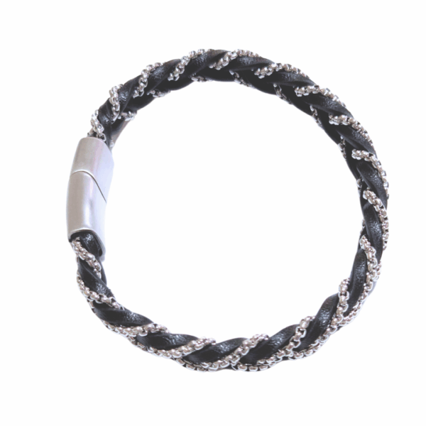 ABANDA NEGRA Y PLATEADA   |    Pulsera trenzada - Talla M - 21 cm    |    Acero inoxidable y piel