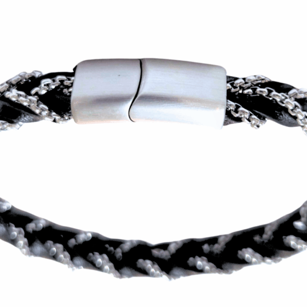 ABANDA NEGRA Y PLATEADA   |    Pulsera trenzada - Talla M - 21 cm    |    Acero inoxidable y piel - Imagen 3