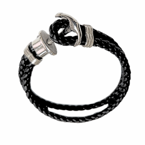 NEGRA ANCLA PLATEADA   |    Pulsera trenzada, con broche - Talla: Mediana   |   Acero inoxidable y piel
