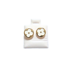 CIRCULARES CON FLOR BLANCA  |   Aretes tipo broquel - chicos   |    Laminado en oro