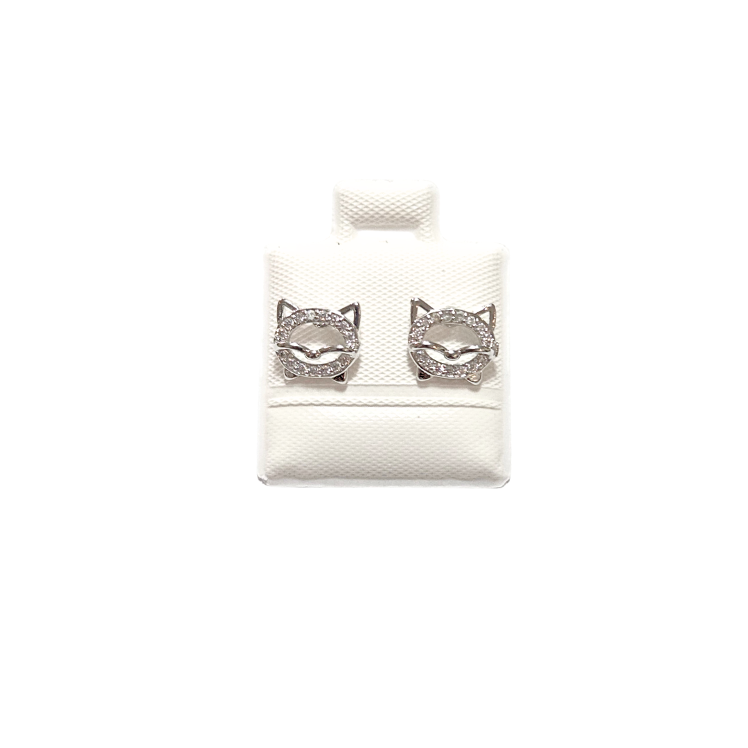 GATITOS BIGOTONES PLATEADOS | Aretes tipo broquel - Talla: chica | Laminado en rodio - Imagen 2