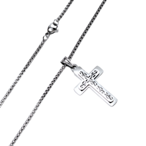 CRUZ DE ENREDADERA   |   Collar 60 cm de extensión + dije mediano de 4 cm de largo, aprox   |   Acero inoxidable