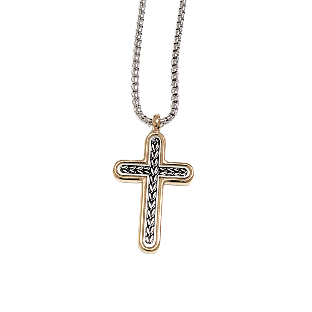 CRUZ DE CONTORNO DORADO | Collar 60 cm de extensión + dije mediano de 4 cm de largo, aprox | Acero inoxidable