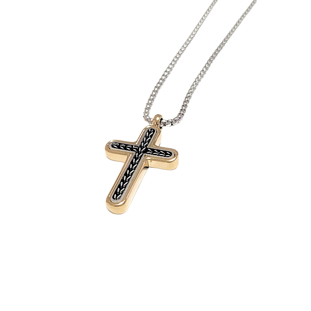 CRUZ DE CONTORNO DORADO | Collar 60 cm de extensión + dije mediano de 4 cm de largo, aprox | Acero inoxidable - Imagen 2