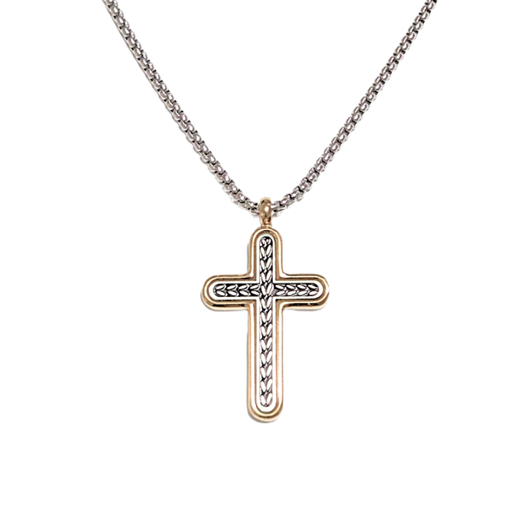 CRUZ DE CONTORNO DORADO | Collar 60 cm de extensión + dije mediano de 4 cm de largo, aprox | Acero inoxidable - Imagen 3