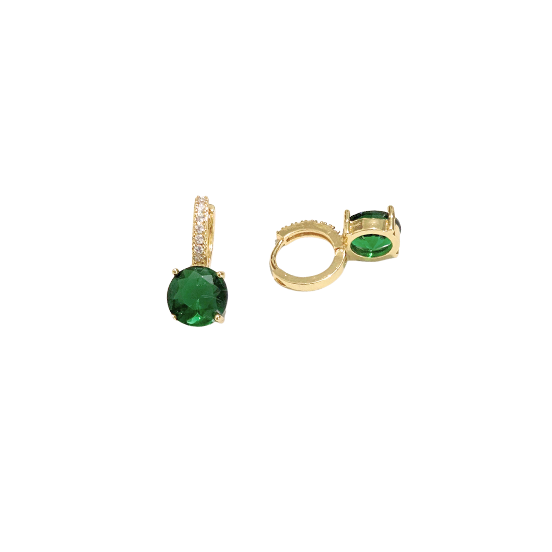 PIEDRA VERDE REDONDA | Aretes tipo huggies colgantes - Medianos | Laminado en oro - Imagen 2