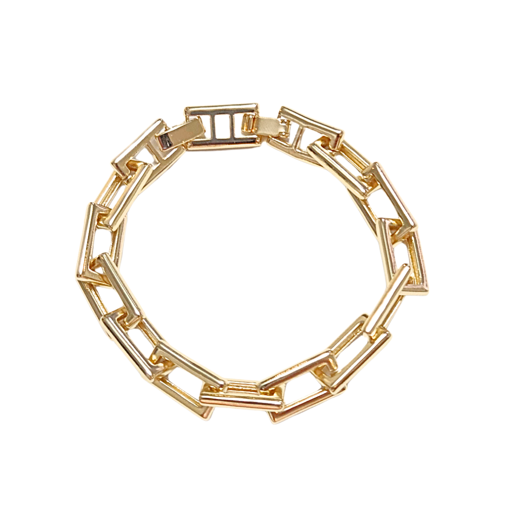LUA RECTANGULAR | Pulsera gruesa de eslabones rectangulares - Broche desmontable de 19 a 17 cm de largo | Laminado en oro