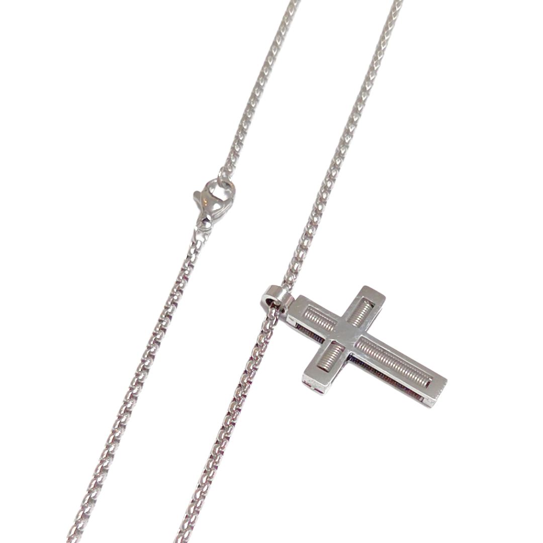CRUZ TATIN PLATEADA | Collar 60 cm de extensión + dije grande de 3 cm de largo | Acero inoxidable - Imagen 2