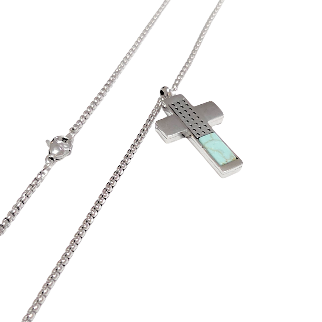 CRUZ PLATEADA - TURQUESA | Collar 60 cm de extensión + dije mediano de 3 cm de largo, aprox. | Acero inoxidable - Imagen 2