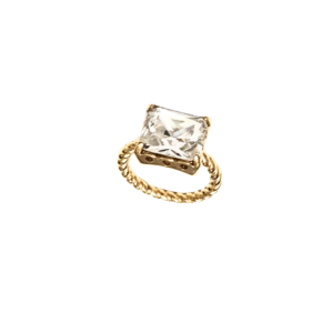 ARO DORADO TRENZADO Y CRISTAL CUADRADO    |   Anillo delgado ajustable - No 9 aprox.   |   Acero inoxidable