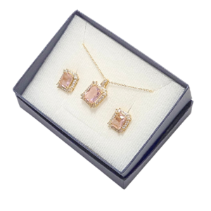 RECTANGULAR ROSA PÁLIDO   |   Conjunto de collar con dije chico y aretes en juego   |    Laminado en oro