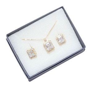 RECTANGULAR PIEDRA TRANSPARENTE   |   Conjunto de collar con dije chico y aretes en juego   |    Laminado en oro